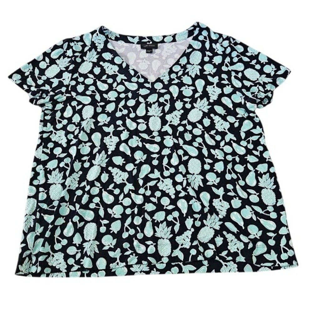 J. Jill Wearever Collection Fruit Print V-Neck Top Women Medium Navy Mint Green